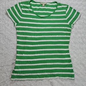 Sequin Tee Green and White Stripes Banana Republic Size Medium